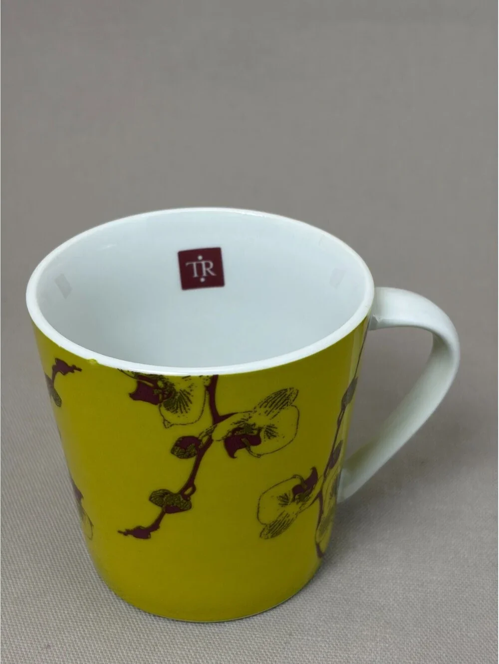 Trish Richman Porcelain Coffee Mug Chartreuse Yellow Plum Orchid Tea Cup 12 oz